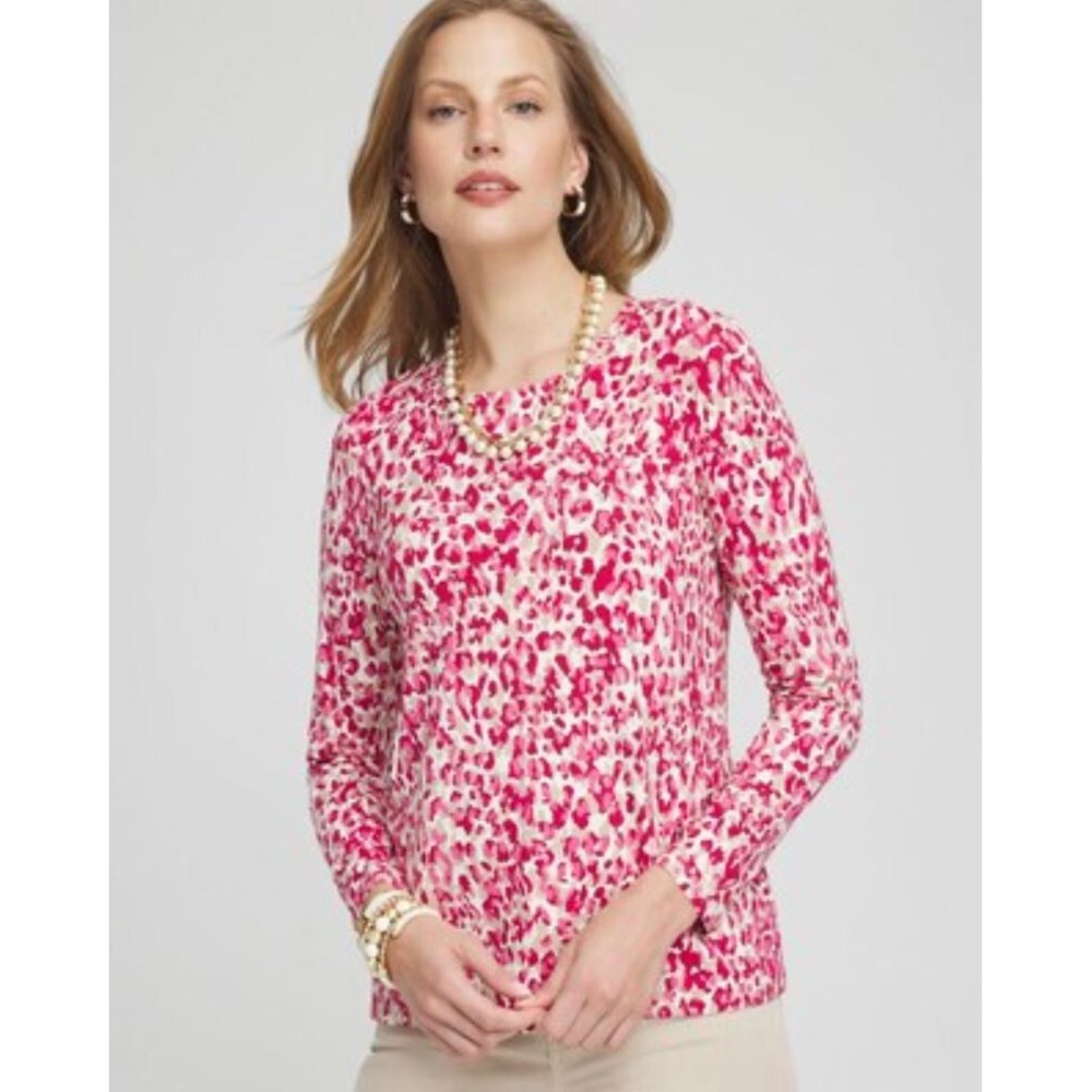 Chico's Touch of Cool Leopard Long Sleeve Tunic Tee Pink Sz 0 S 570373782